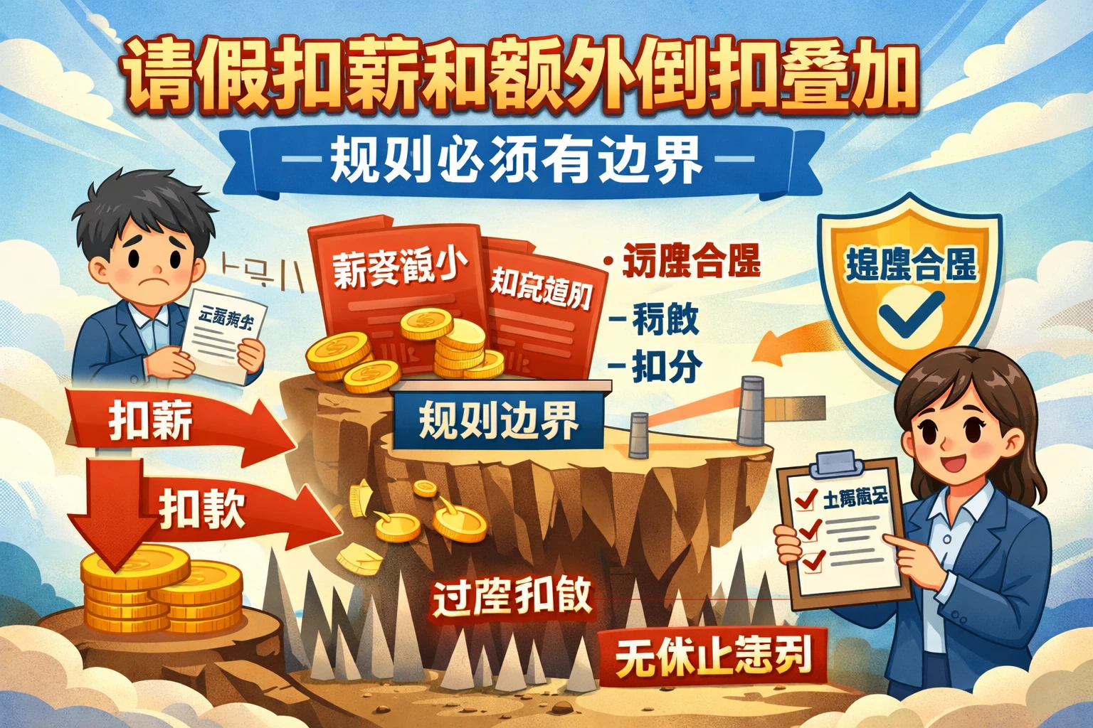 请假扣薪和额外倒扣叠加，规则必须有边界