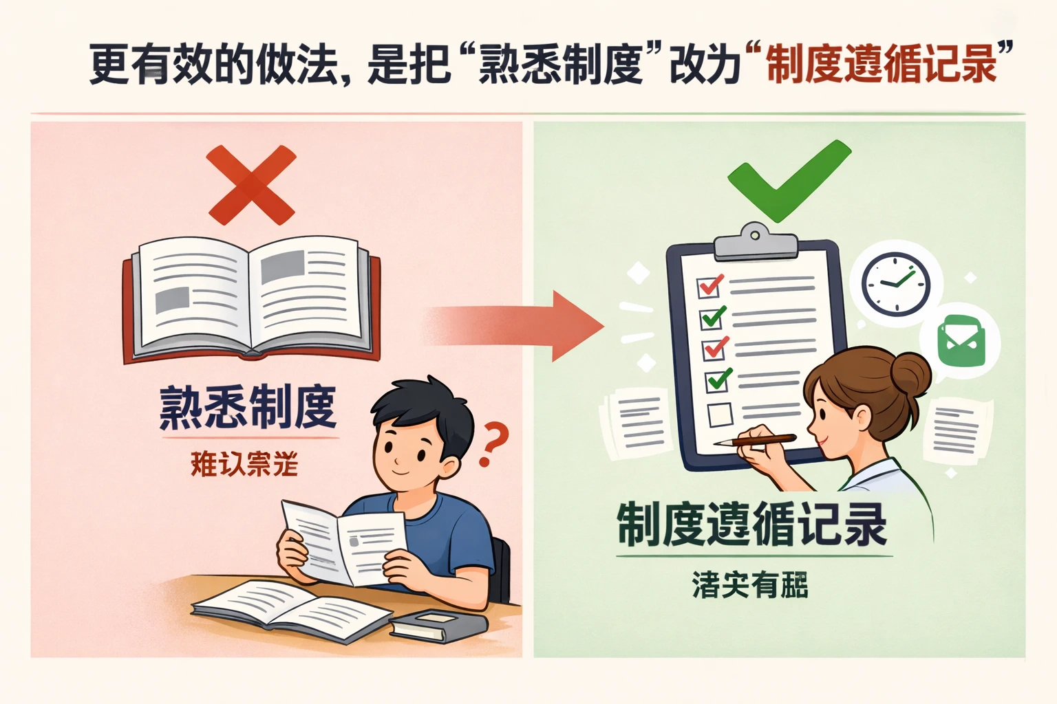 更有效的做法，是把“熟悉制度”改为“制度遵循记录”