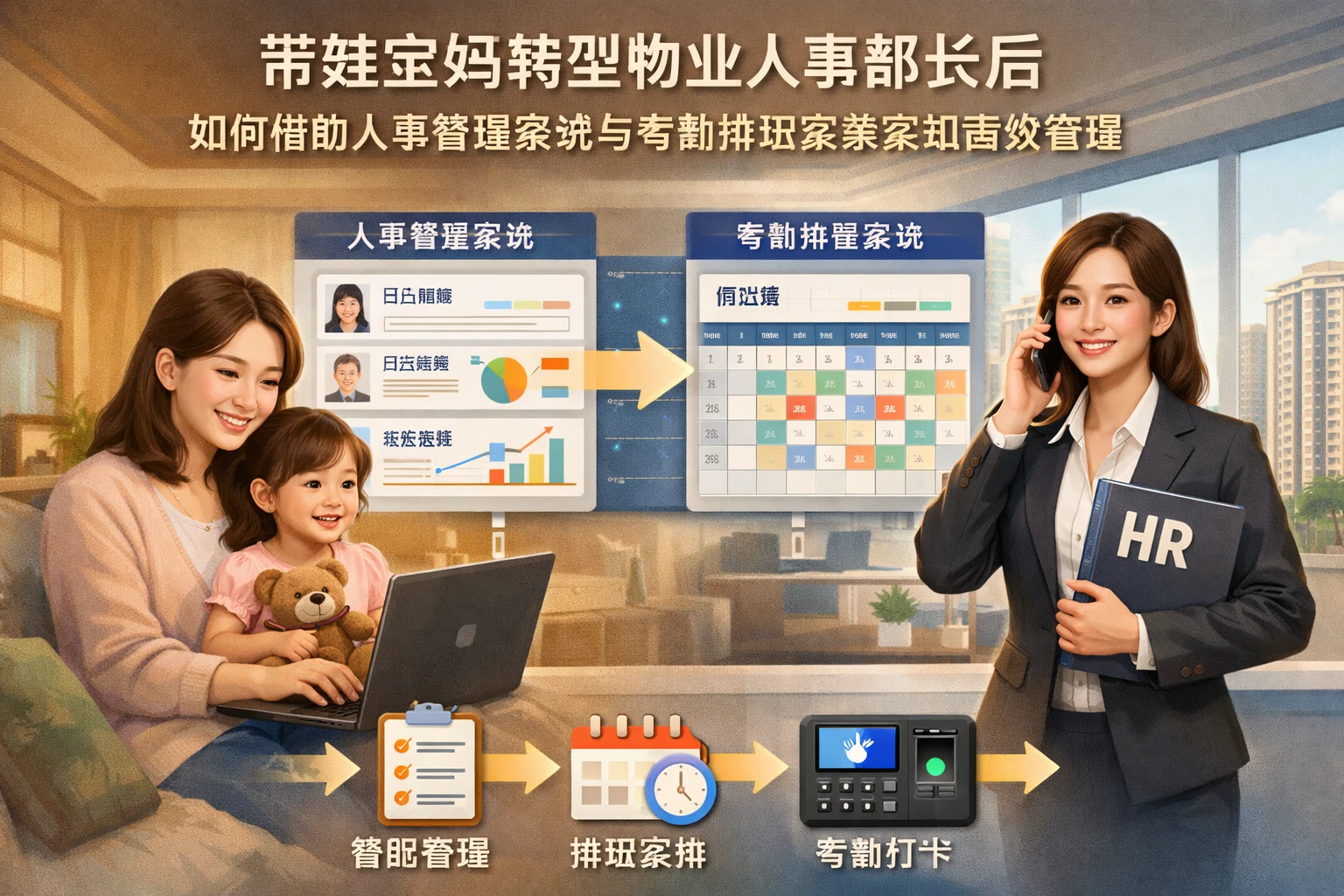 带娃宝妈转型物业人事部长后，如何借助人事管理系统与考勤排班系统实现高效管理