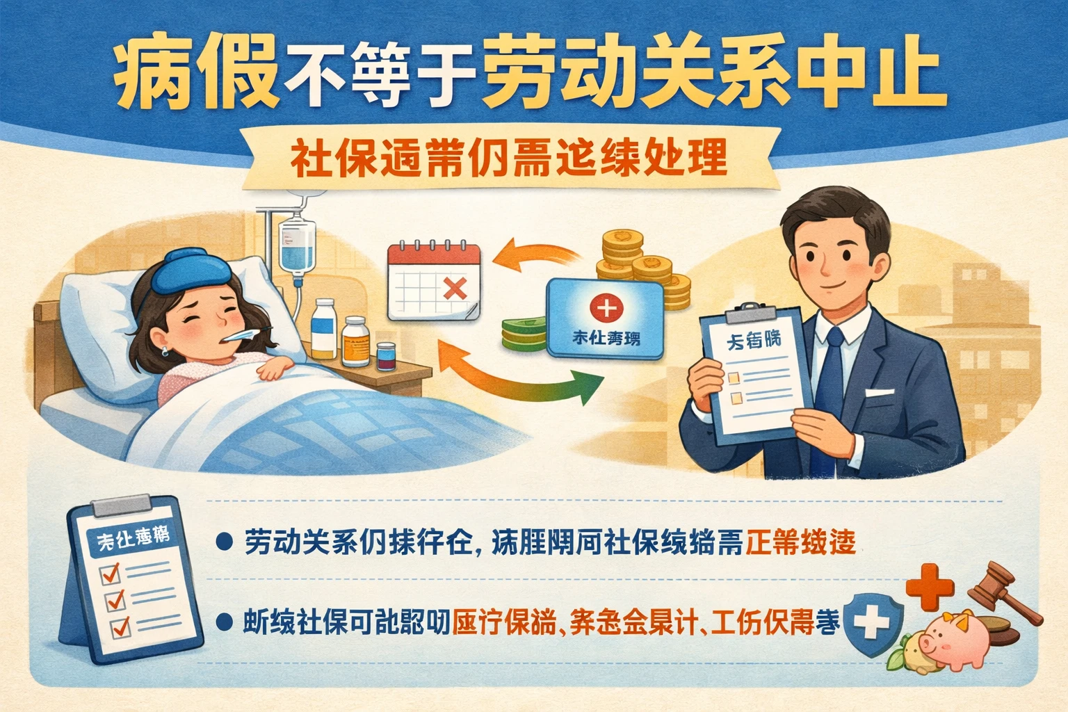 病假不等于劳动关系中止，社保通常仍需连续处理