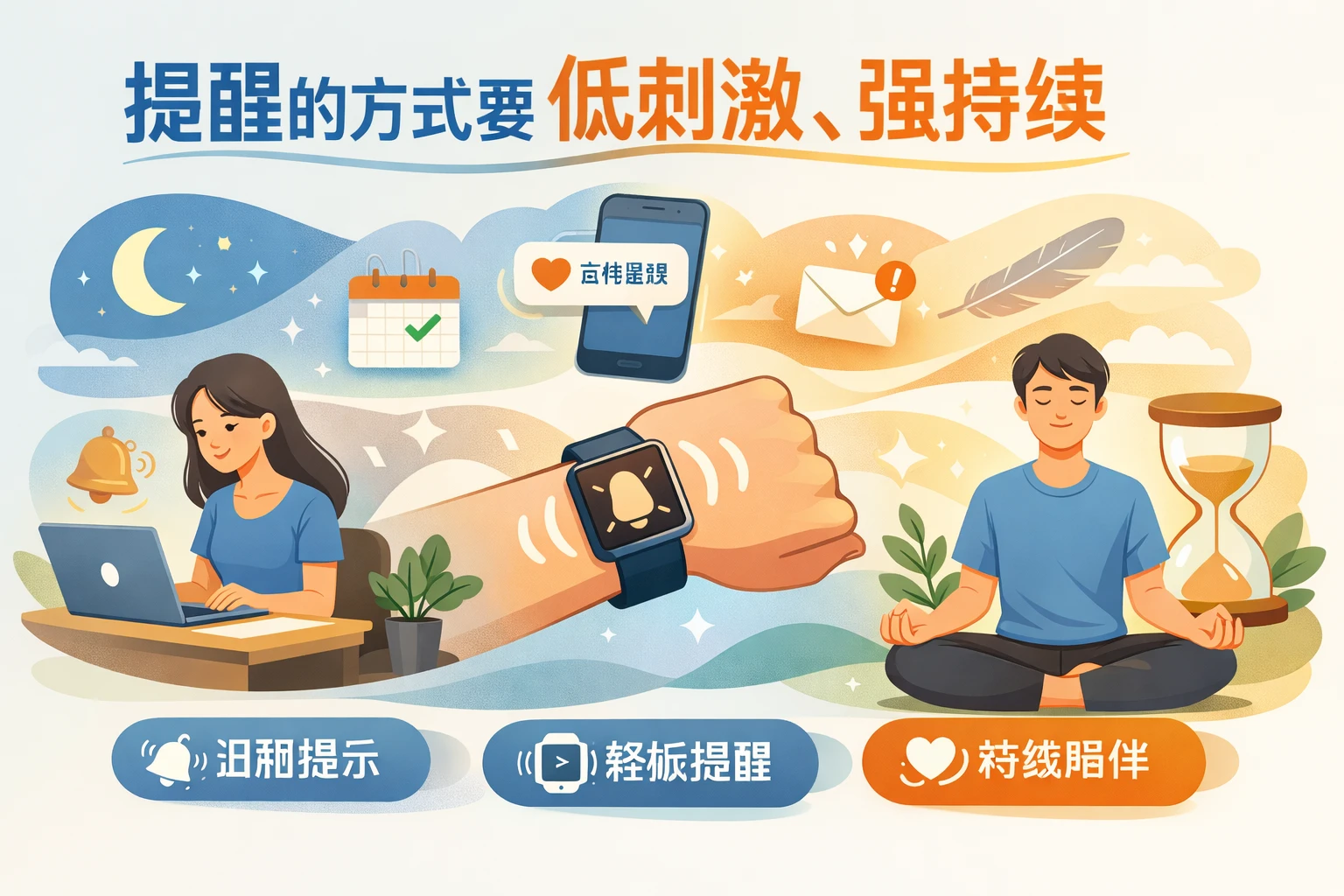 提醒的方式要低刺激、强持续