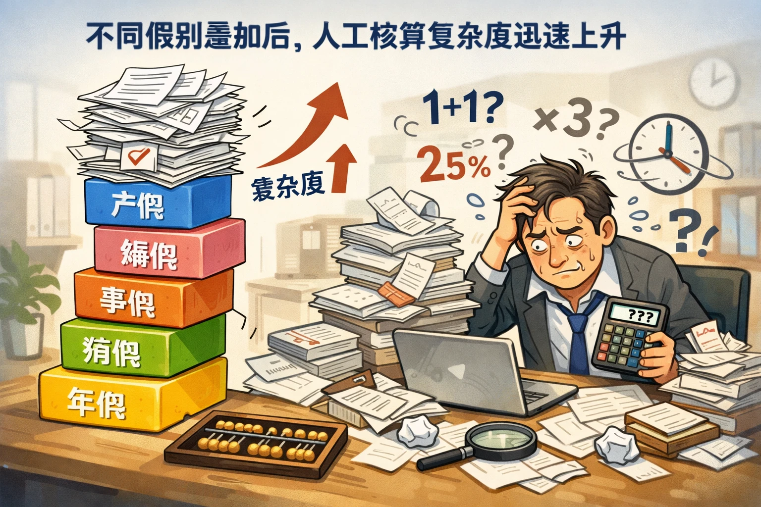 不同假别叠加后,人工核算复杂度迅速上升