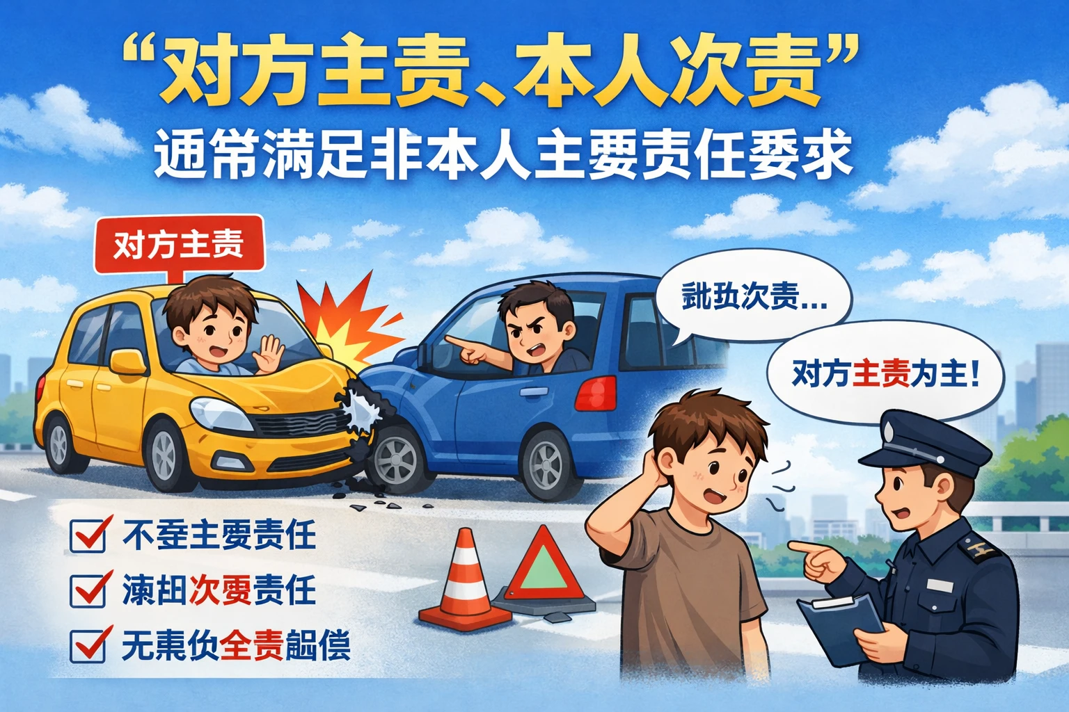 “对方主责、本人次责”通常满足非本人主要责任要求