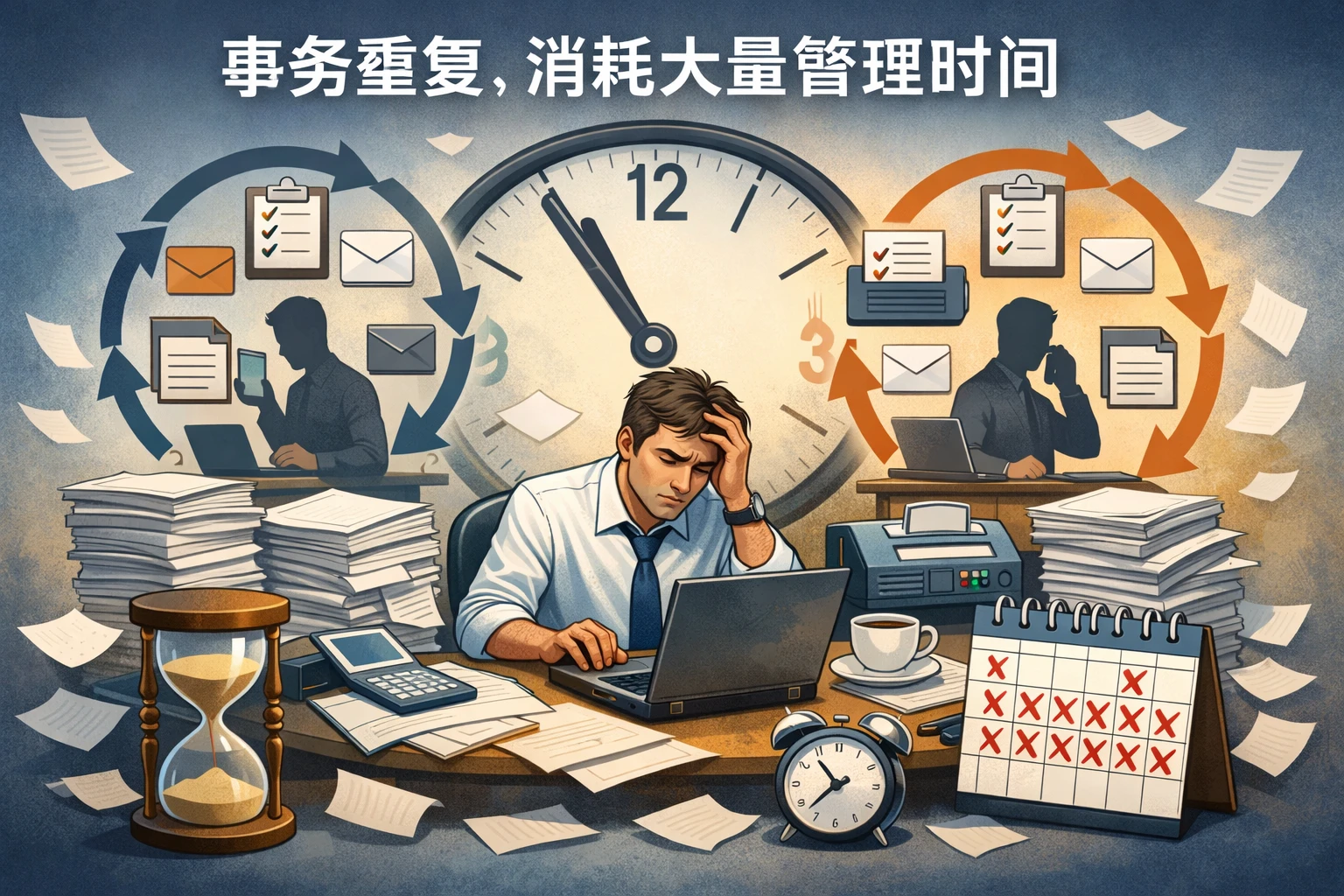 事务重复，消耗大量管理时间