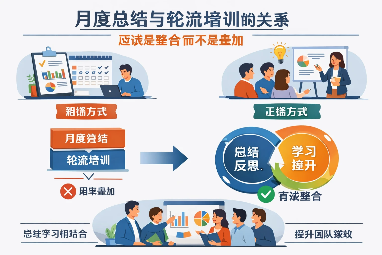 月度总结与轮流培训的关系,应该是整合而不是叠加