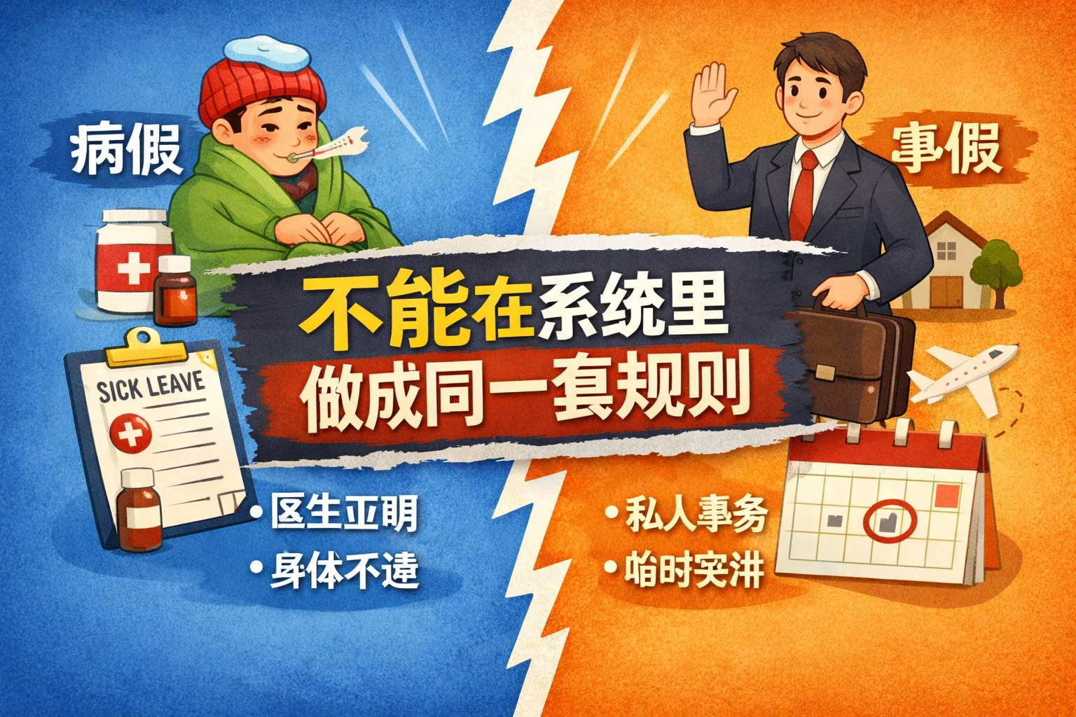 病假和事假,不能在系统里做成同一套规则