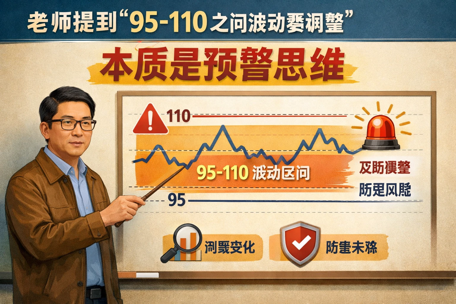 老师提到“95-110之间波动要调整”，本质是预警思维