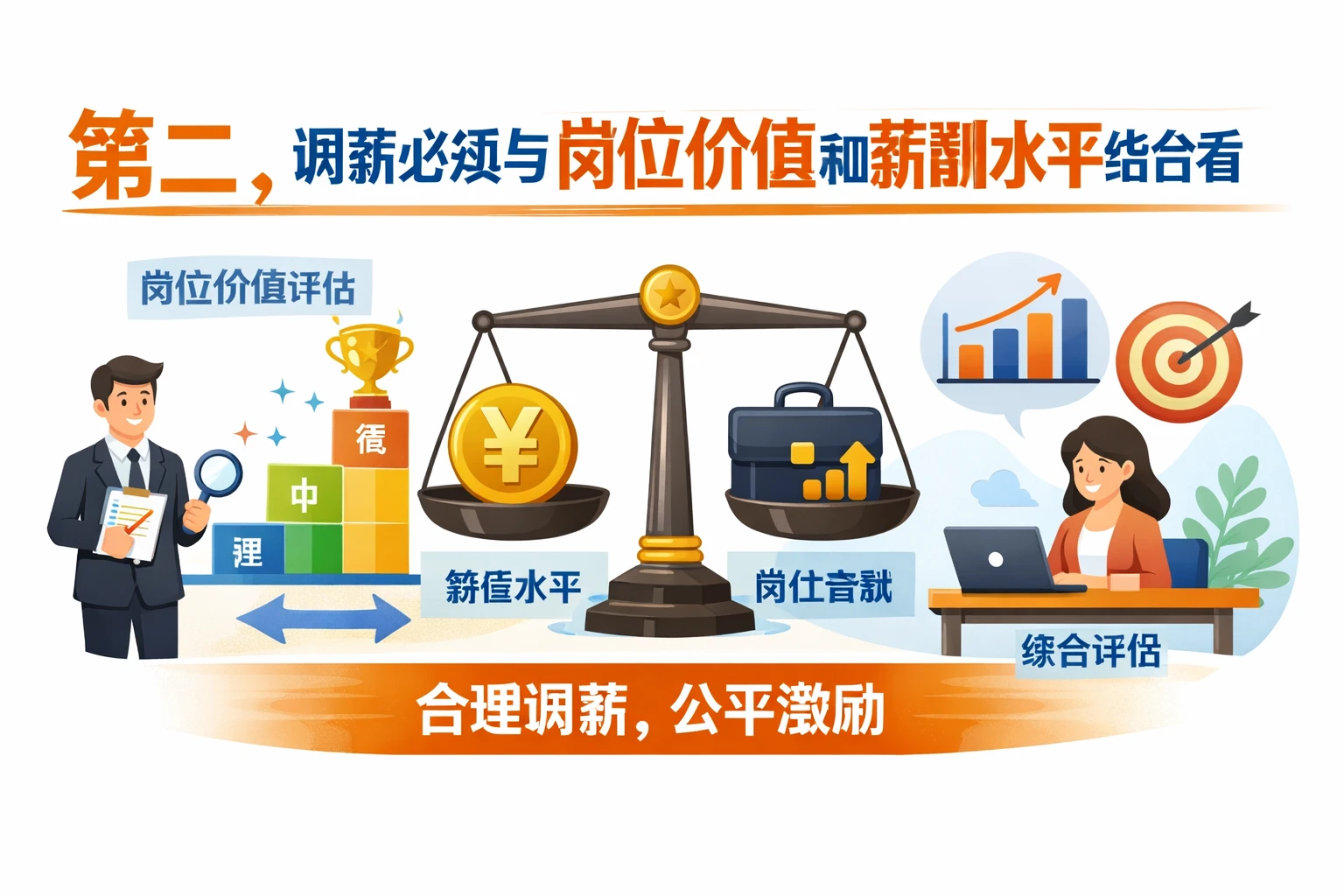 第二，调薪必须与岗位价值和薪酬水平结合看