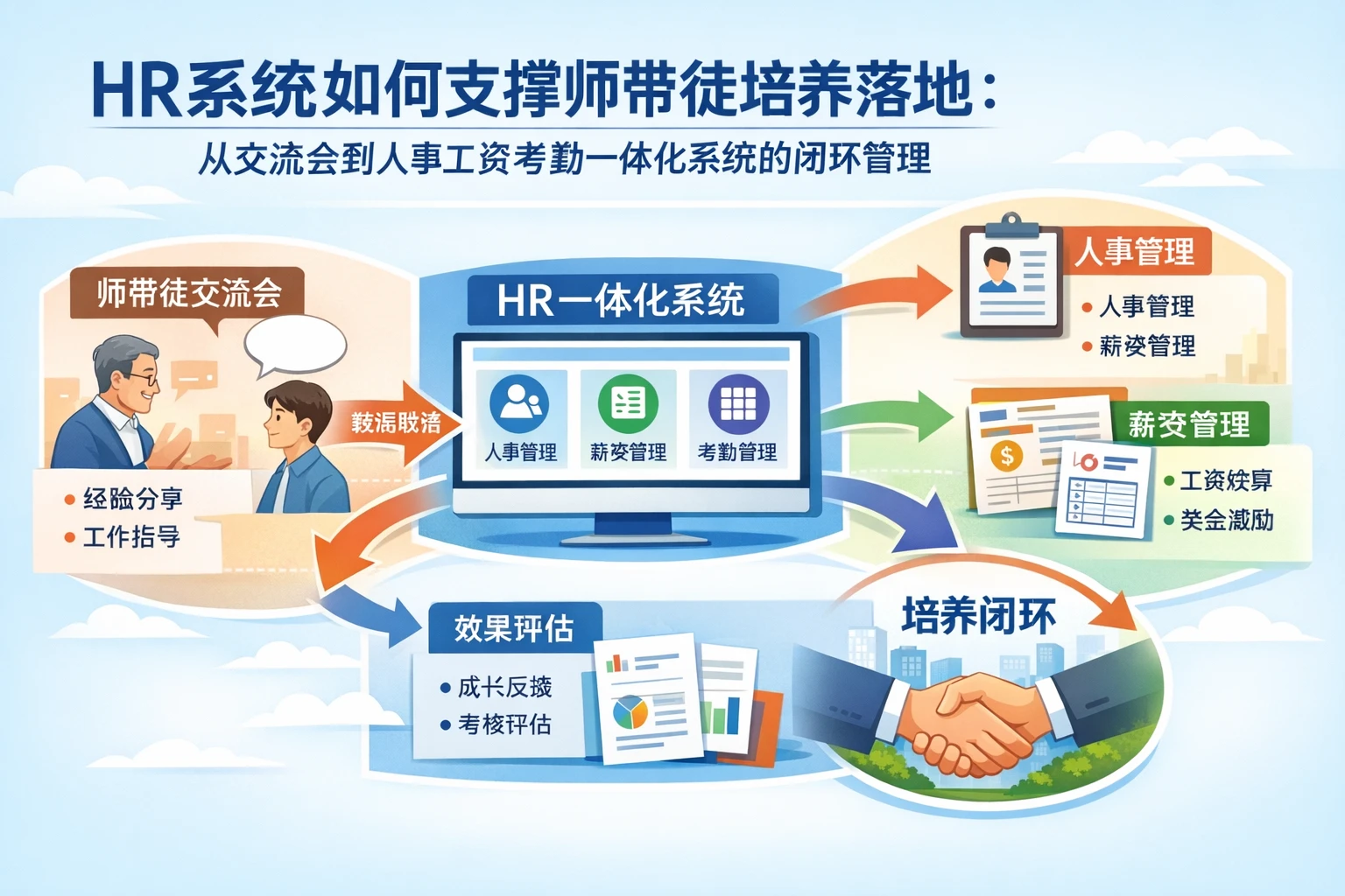 HR系统如何支撑师带徒培养落地：从交流会到人事工资考勤一体化系统的闭环管理