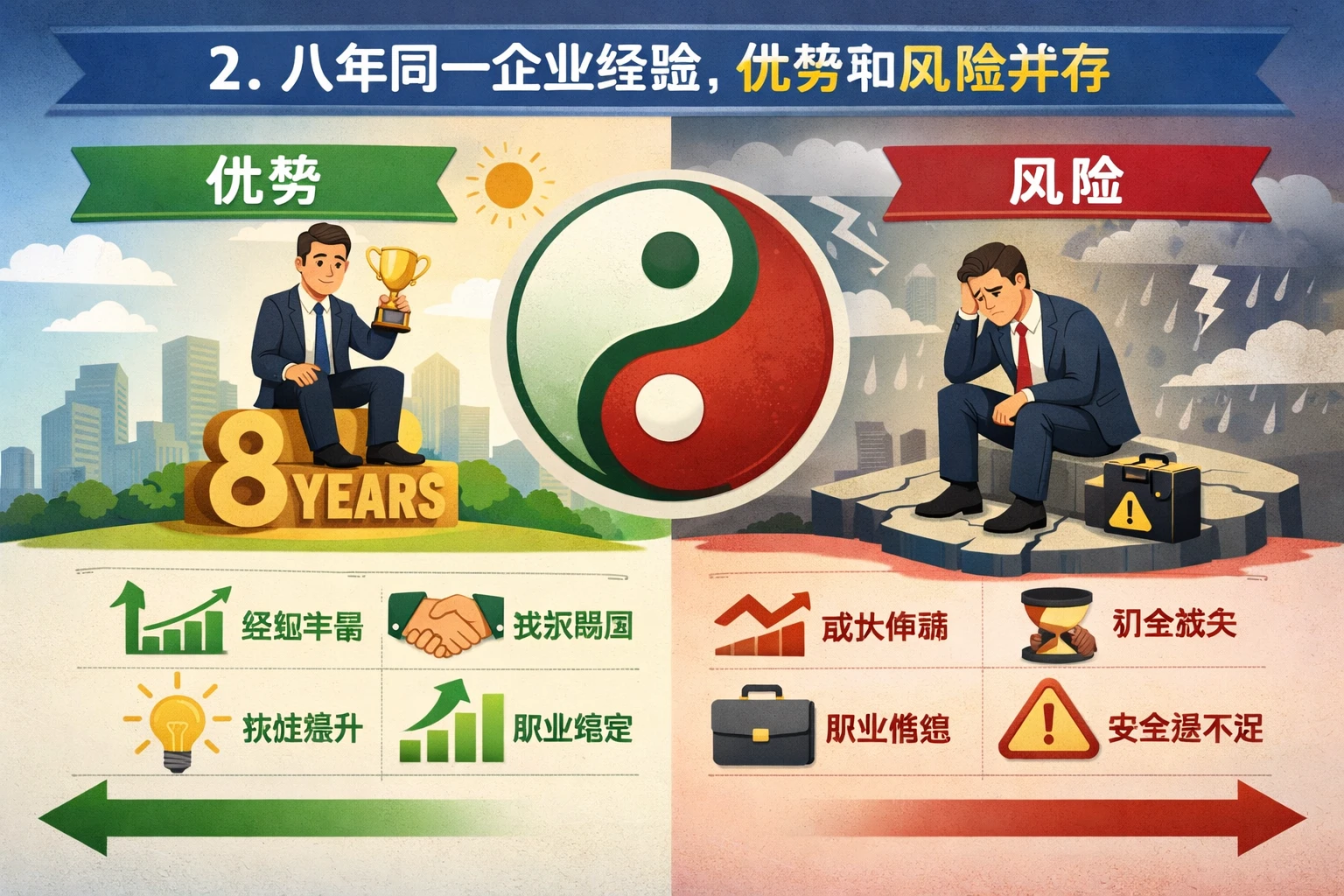 2. 八年同一企业经验，优势和风险并存