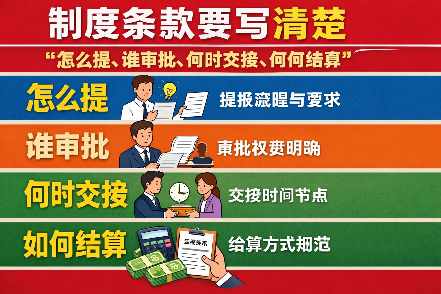 制度条款要写清楚“怎么提、谁审批、何时交接、如何结算”