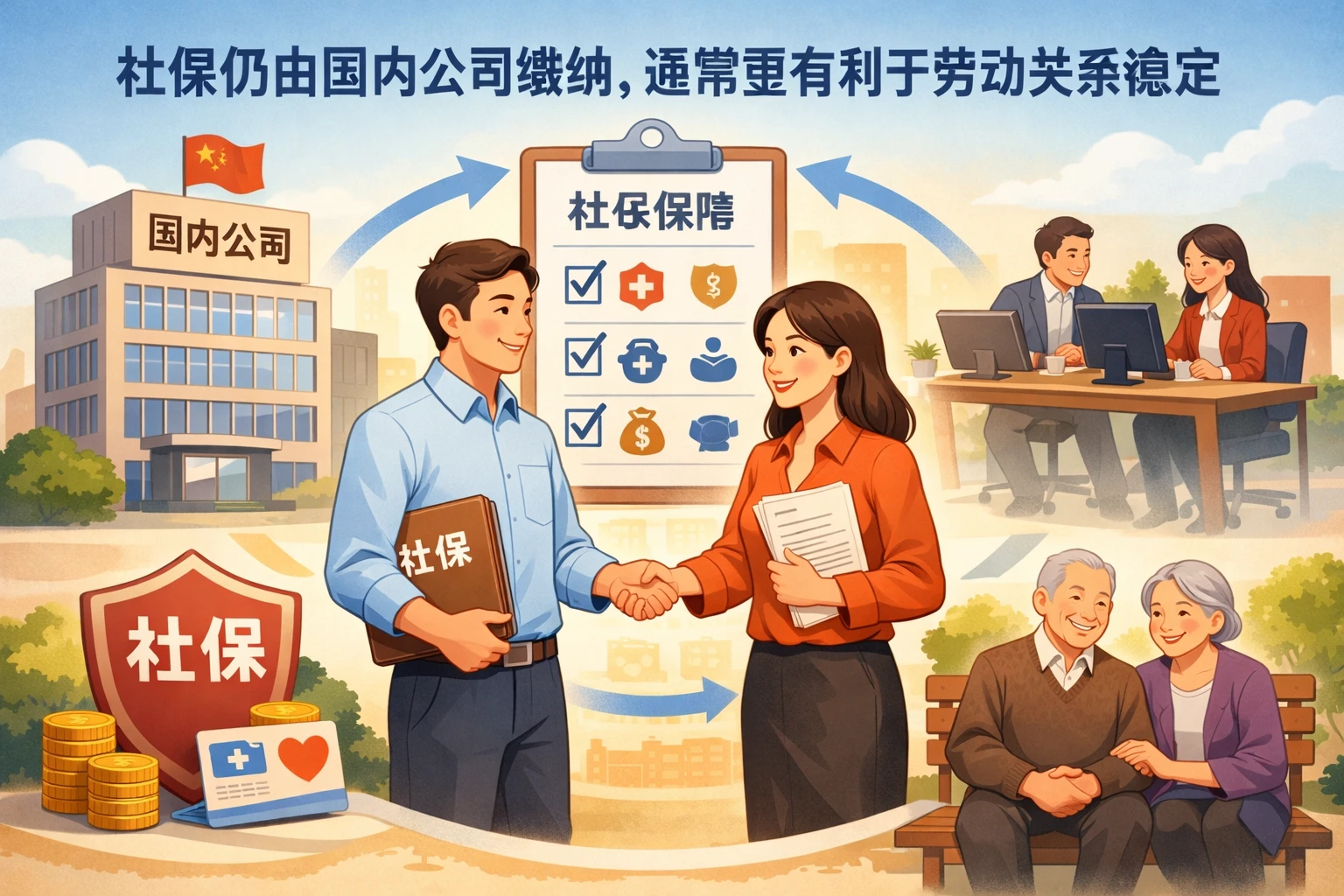 社保仍由国内公司缴纳，通常更有利于劳动关系稳定