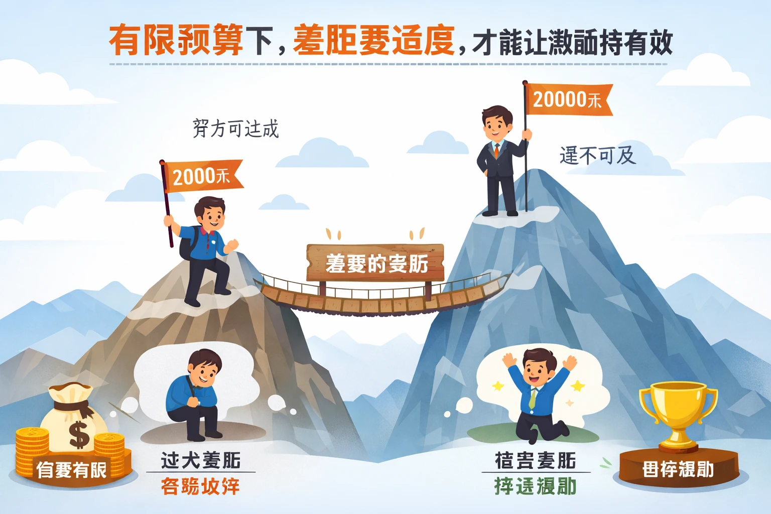 2. 有限预算下，差距要适度，才能让激励持续有效