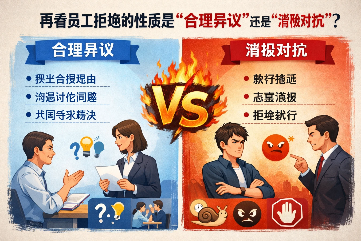 再看员工拒绝的性质是“合理异议”还是“消极对抗”