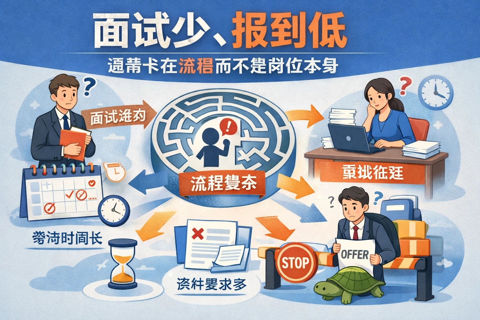 面试少、报到低，通常卡在流程而不是岗位本身