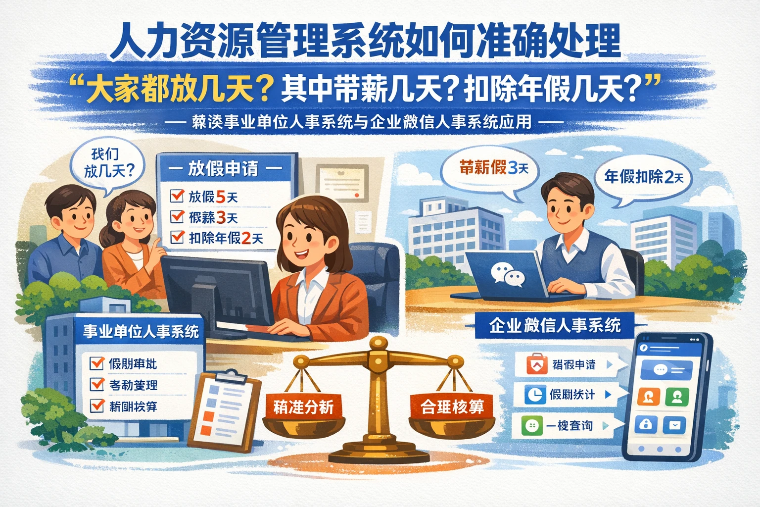 人力资源管理系统如何准确处理“大家都放几天?其中带薪几天?扣除年假几天?”——兼谈事业单位人事系统与企业微信人事系统应用