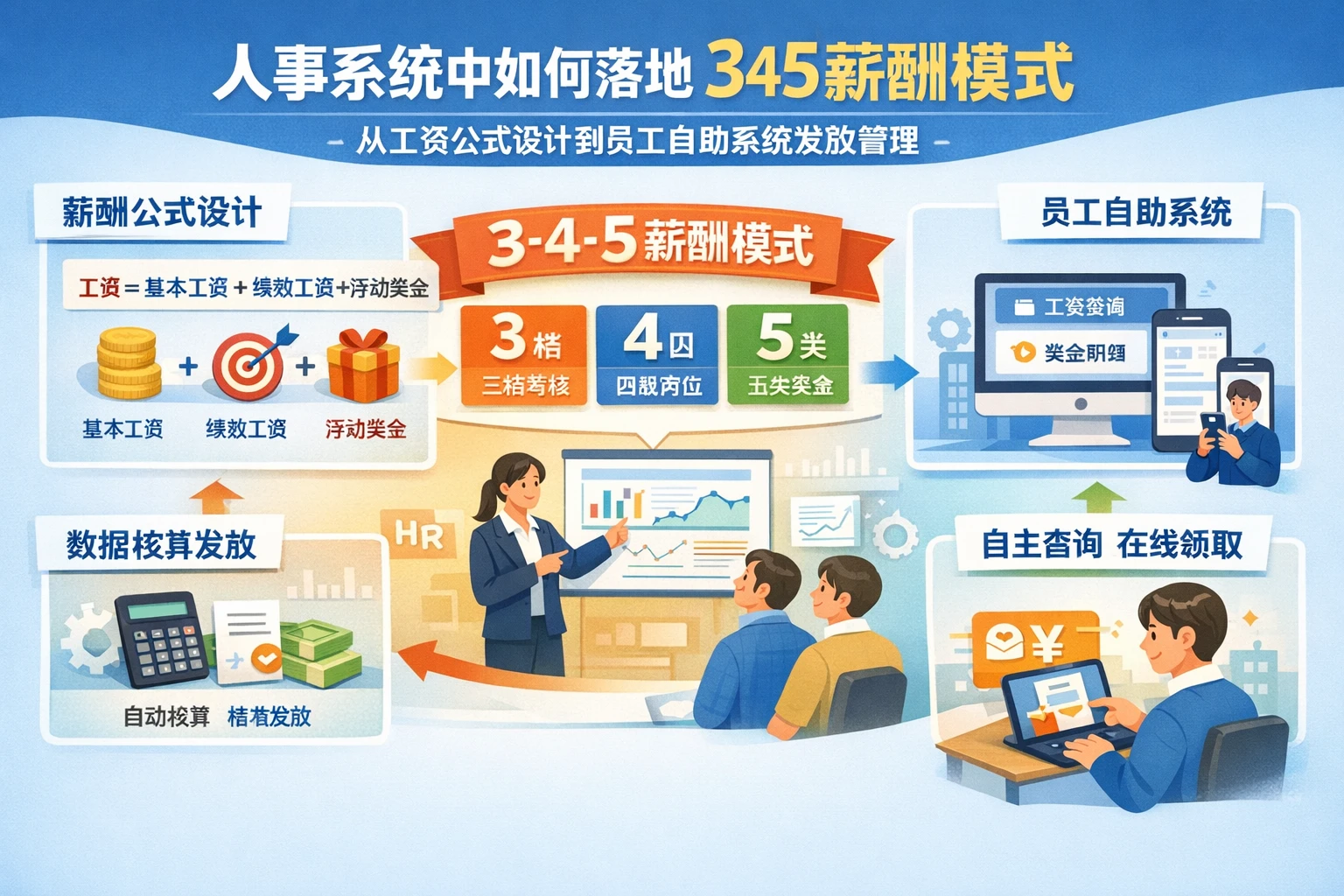 人事系统中如何落地345薪酬模式：从工资公式设计到员工自助系统发放管理