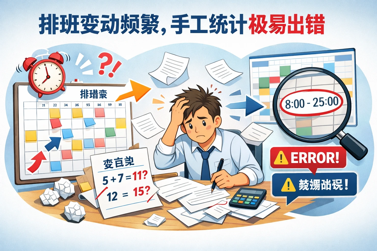 排班变动频繁，手工统计极易出错