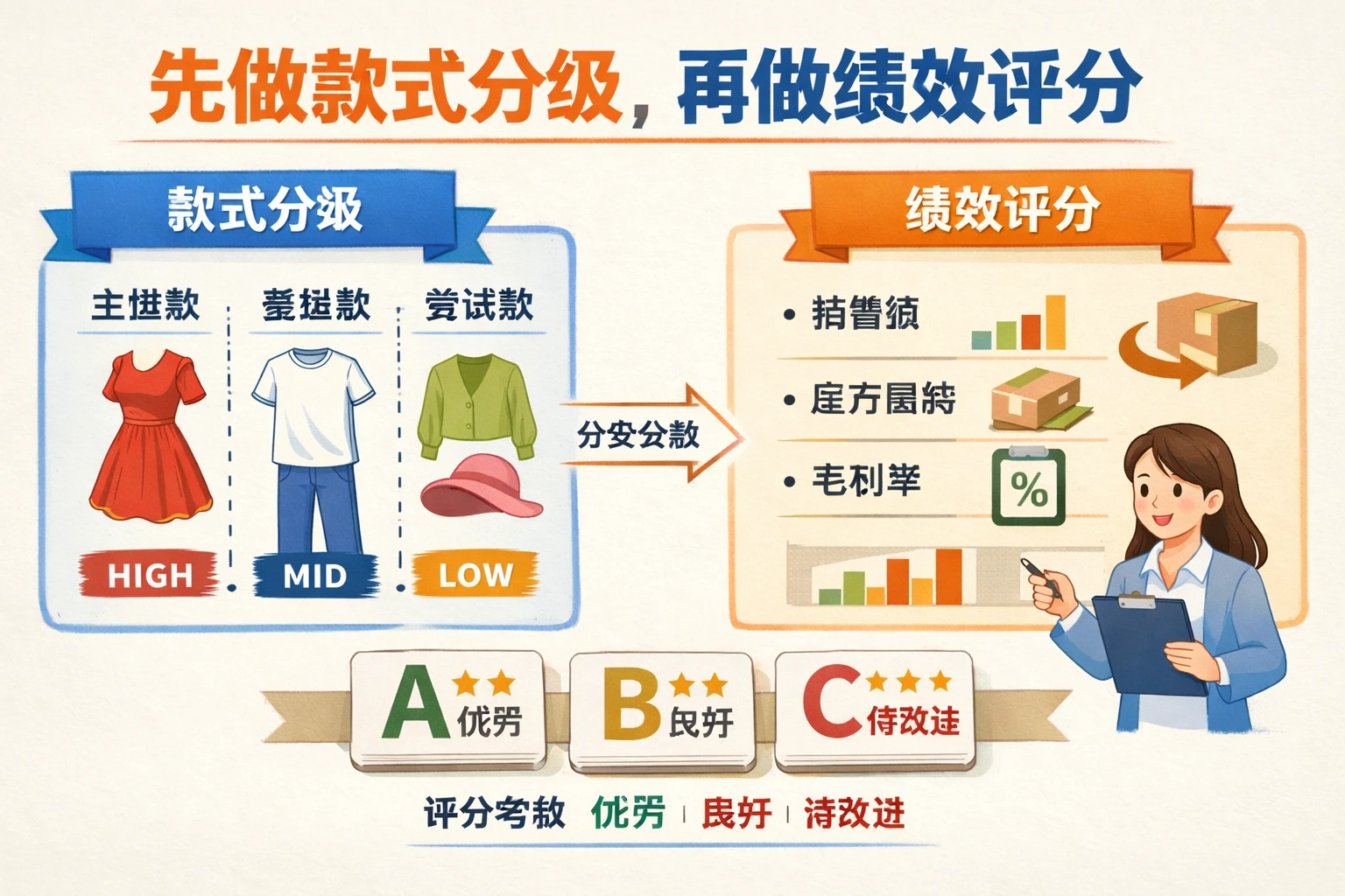 先做款式分级，再做绩效评分