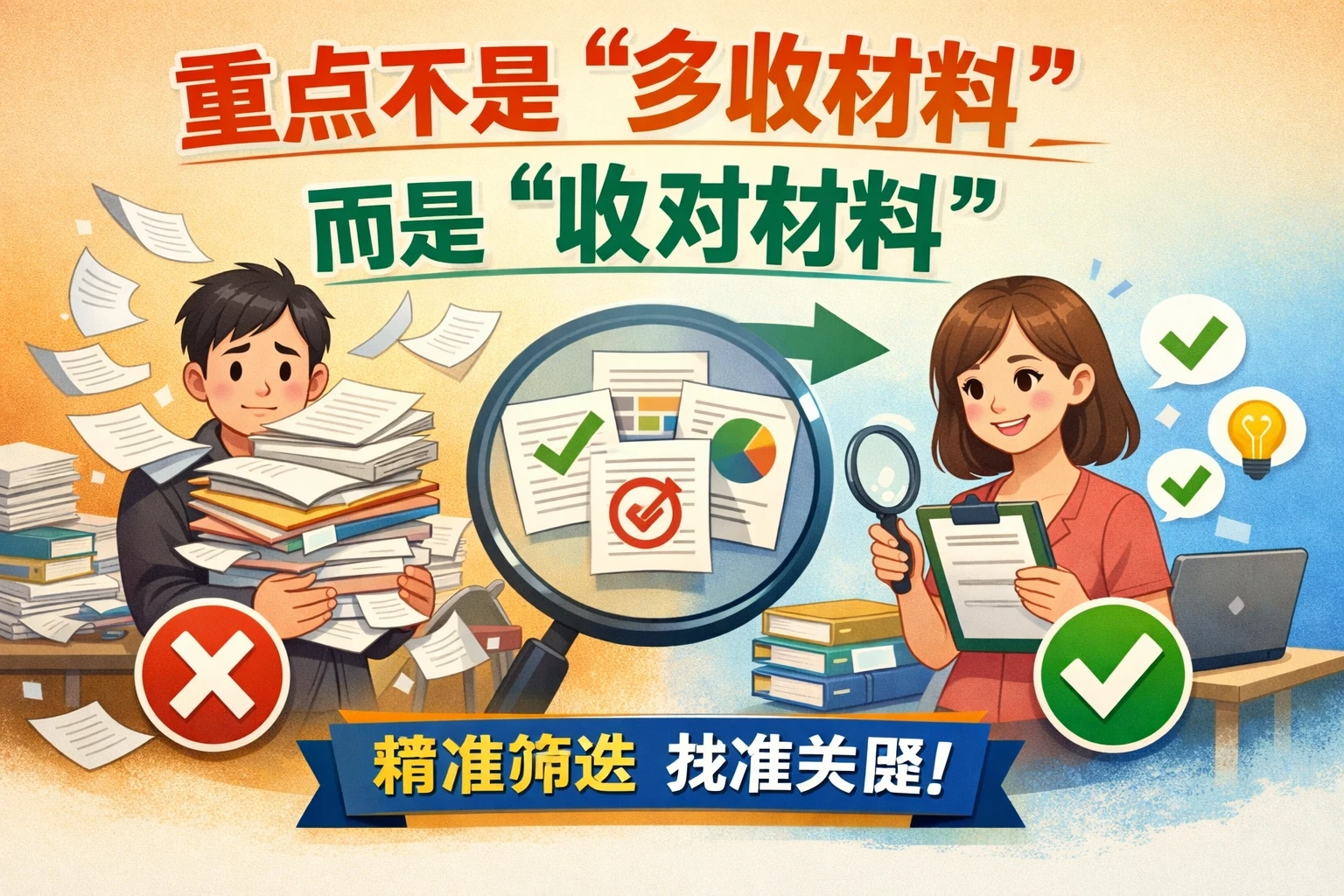 2. 重点不是“多收材料”，而是“收对材料”