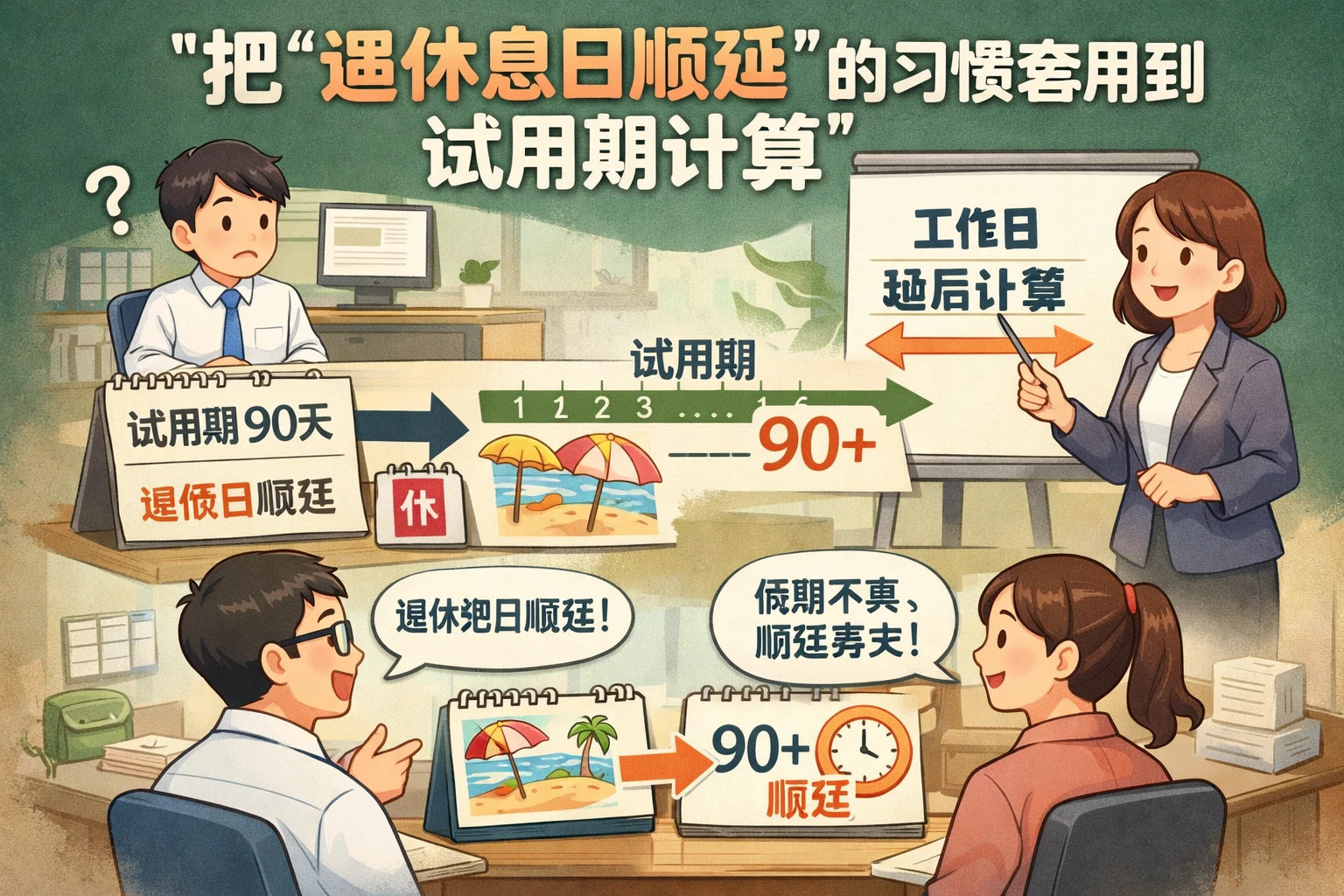 把“遇休息日顺延”的习惯套用到试用期计算