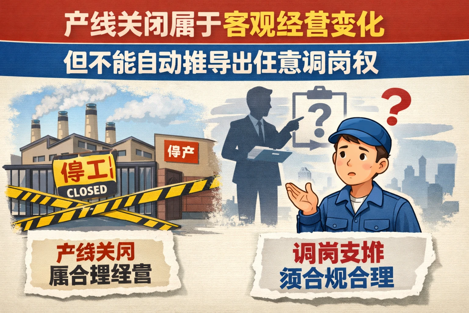 产线关闭属于客观经营变化，但不能自动推导出任意调岗权