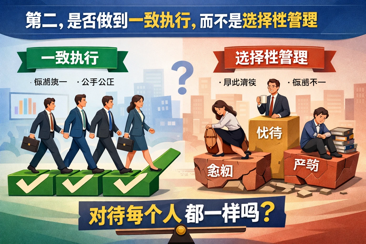 第二，是否做到一致执行，而不是选择性管理