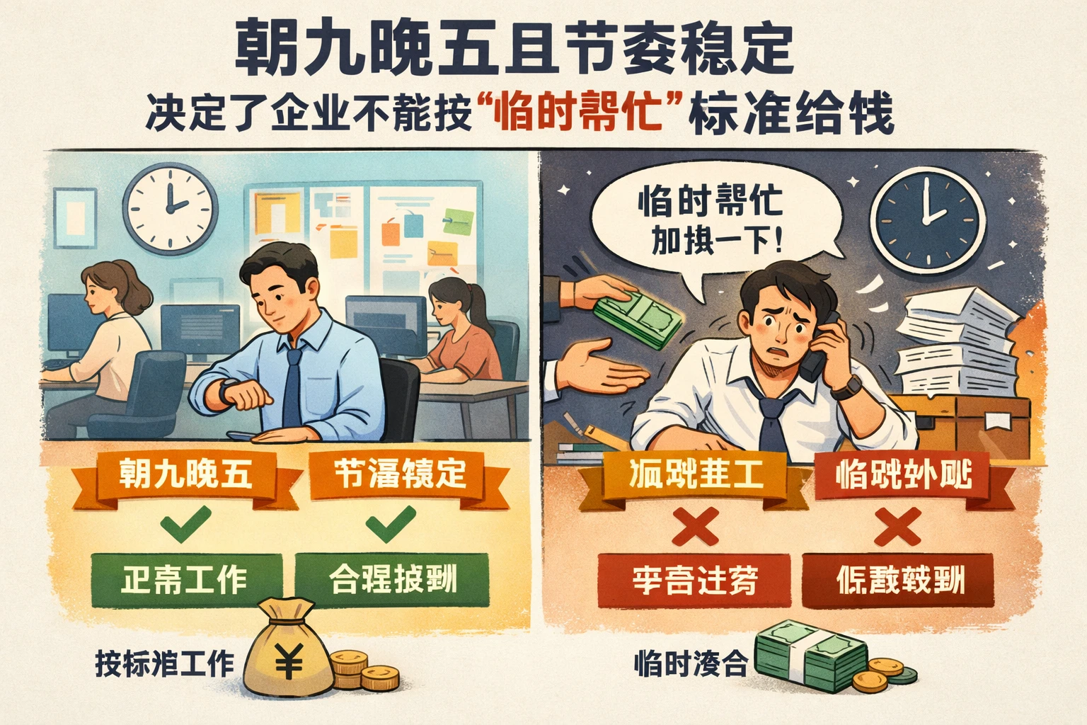朝九晚五且节奏稳定，决定了企业不能按“临时帮忙”标准给钱