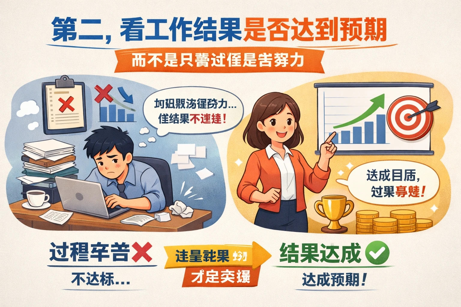 第二，看工作结果是否达到预期，而不是只看过程是否努力