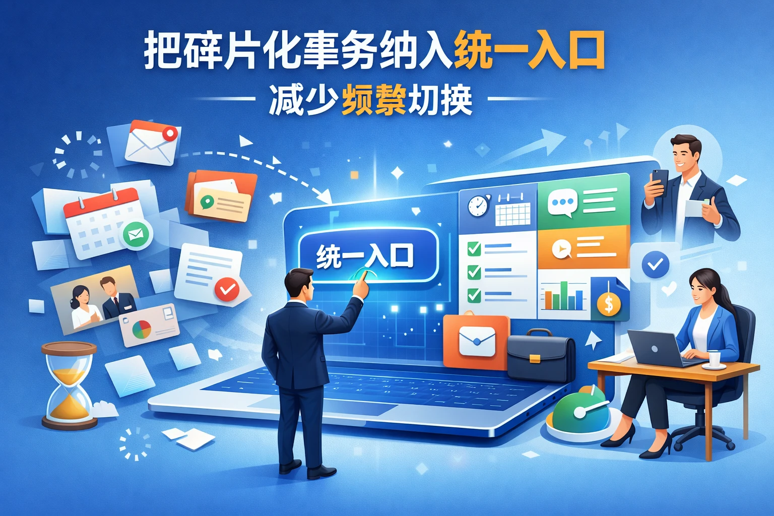 把碎片化事务纳入统一入口，减少频繁切换