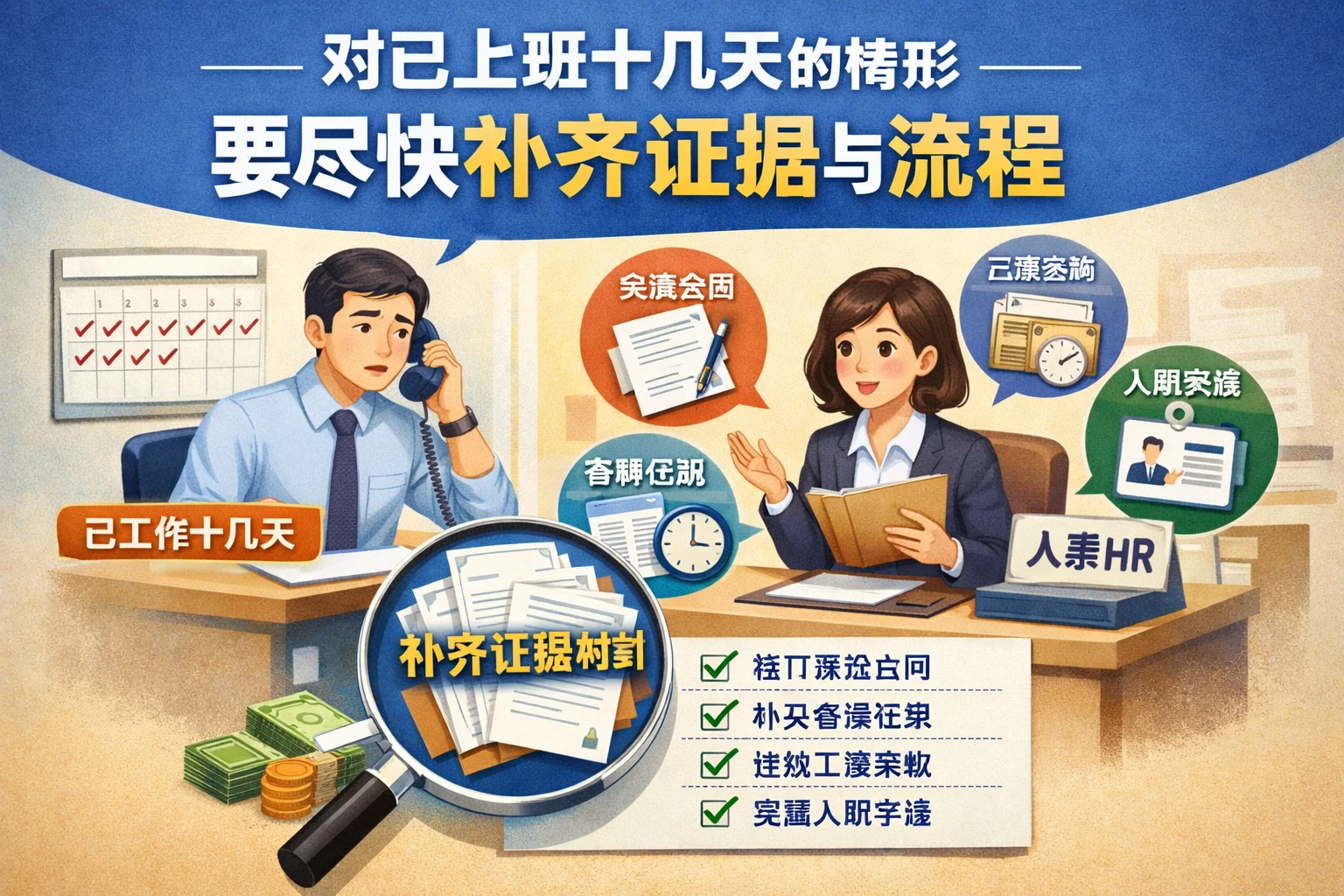 对已上班十几天的情形，要尽快补齐证据与流程