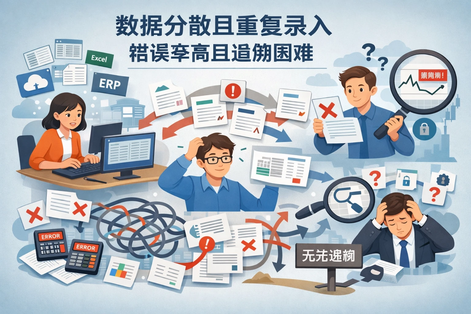 数据分散且重复录入，错误率高且追溯困难