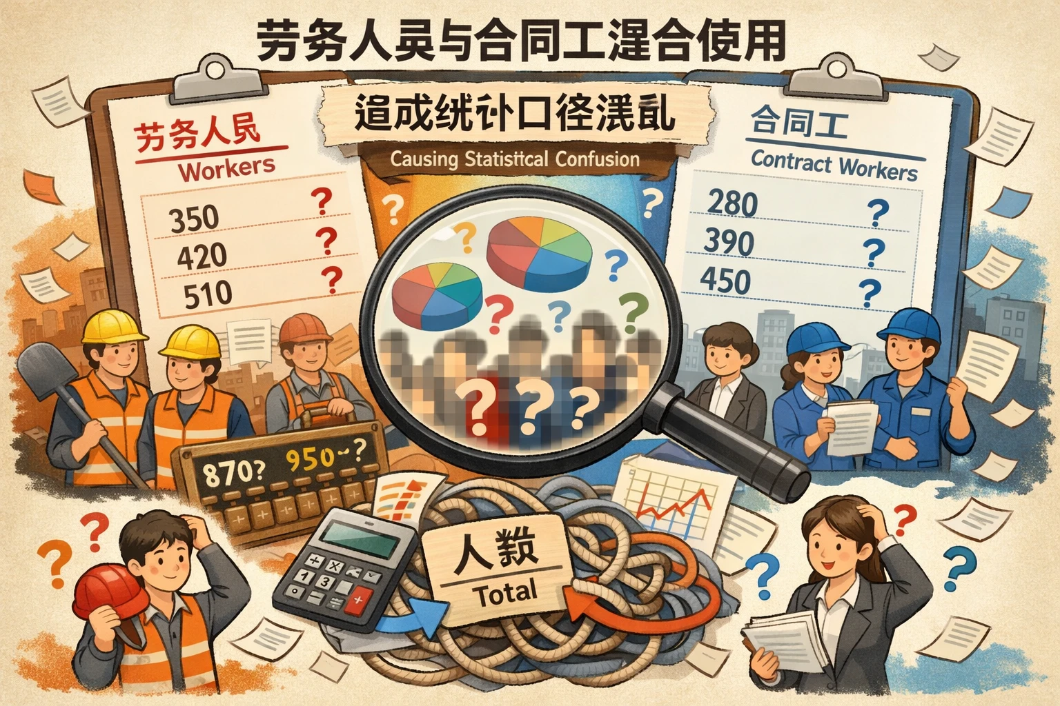 劳务人员与合同工混合使用，造成统计口径混乱