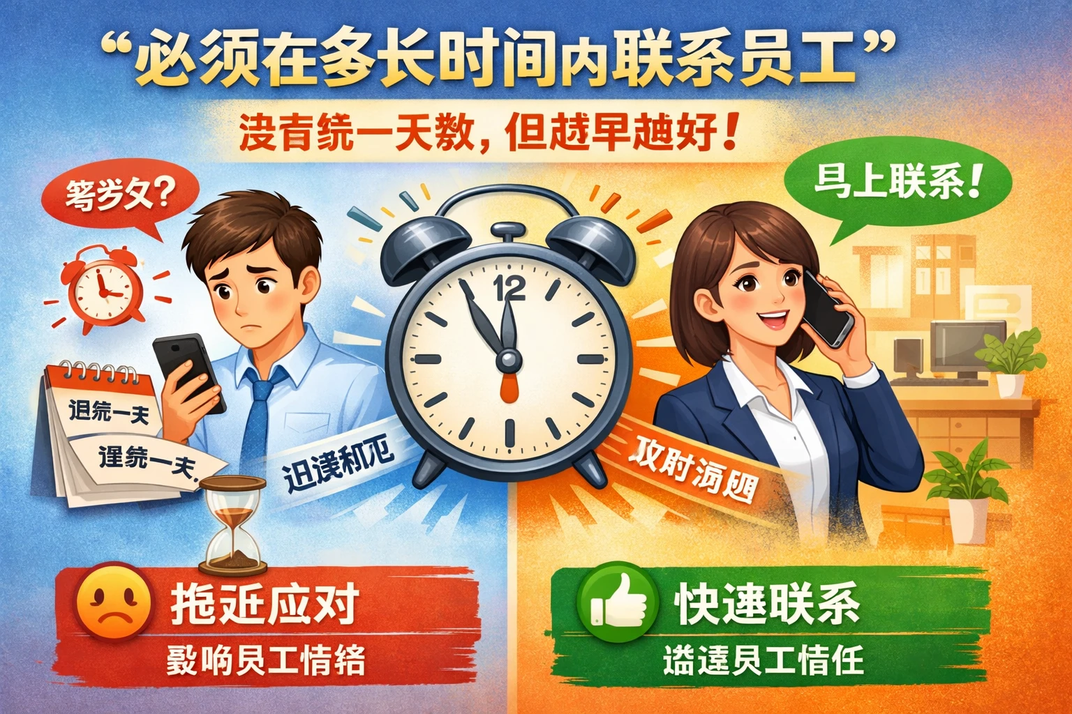 “必须在多长时间内联系员工”没有统一天数,但越早越好