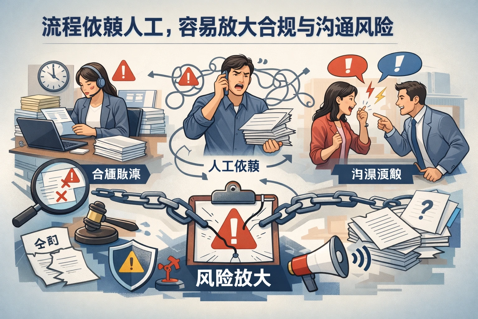 流程依赖人工，容易放大合规与沟通风险