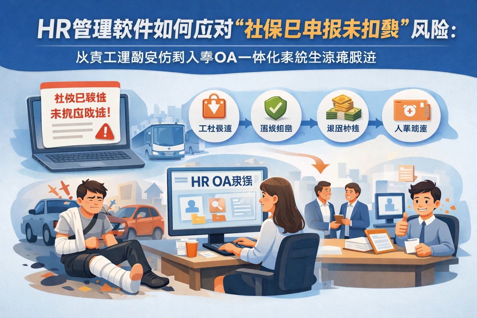 HR管理软件如何应对“社保已申报未扣费”风险：从员工通勤受伤到人事OA一体化系统全流程跟进