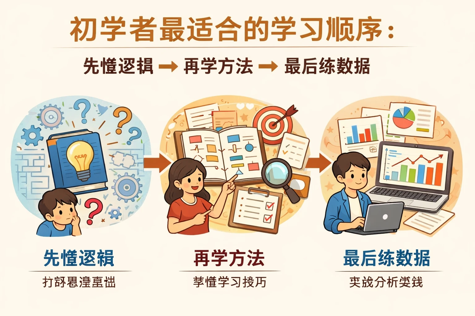 初学者最适合的学习顺序：先懂逻辑，再学方法，最后练数据