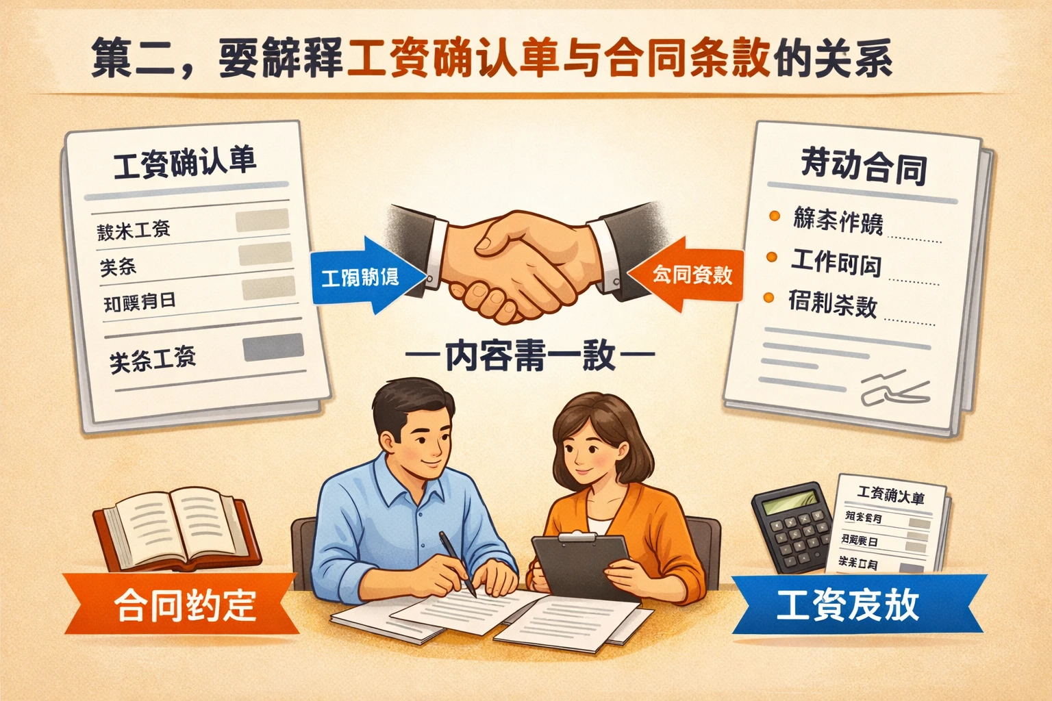 第二,要解释工资确认单与合同条款的关系