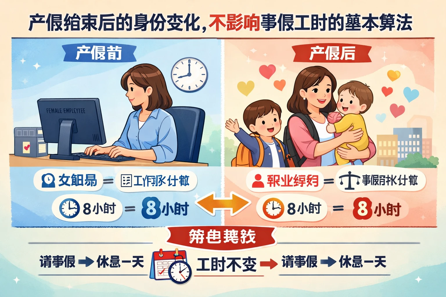 产假结束后的身份变化，不影响事假工时的基本算法