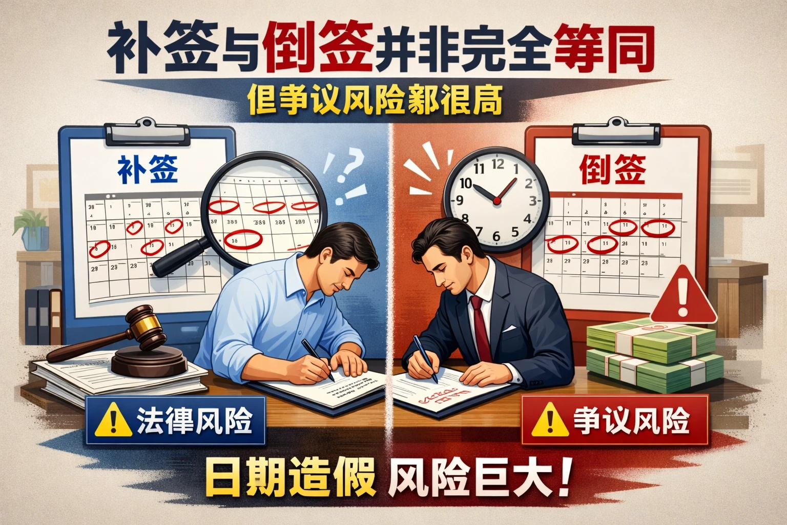 补签与倒签并非完全等同，但争议风险都很高