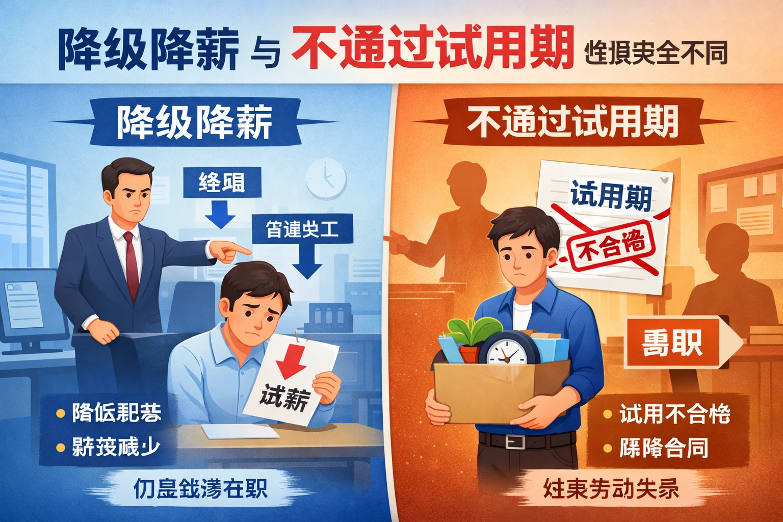 降级降薪与不通过试用期，性质完全不同