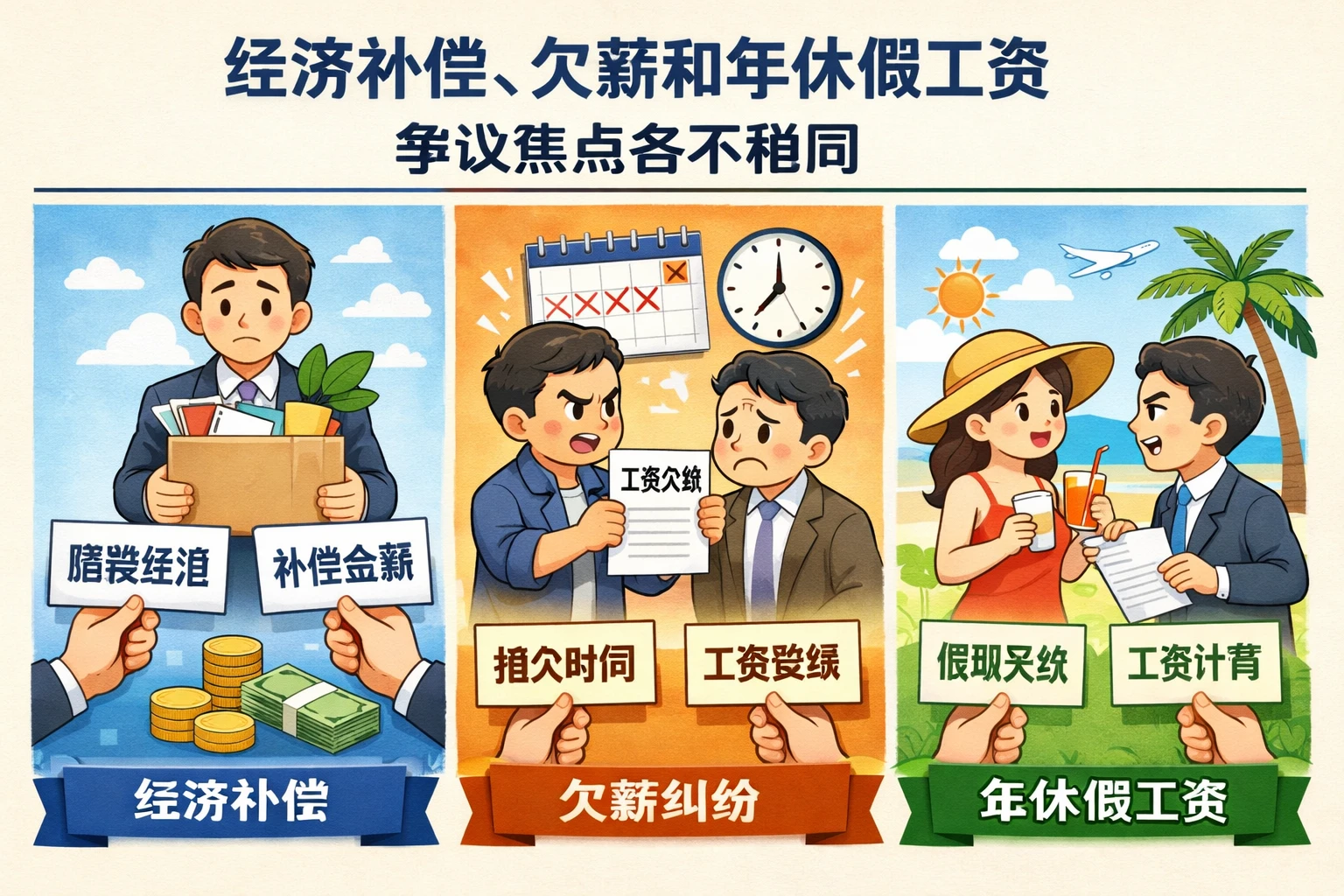 经济补偿、欠薪和年休假工资，争议焦点各不相同