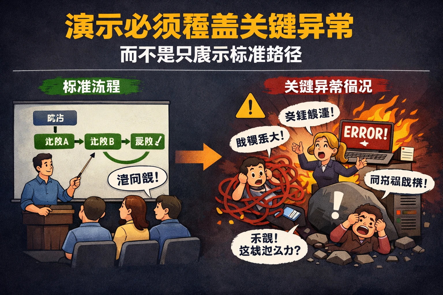 演示必须覆盖关键异常，而不是只展示标准路径