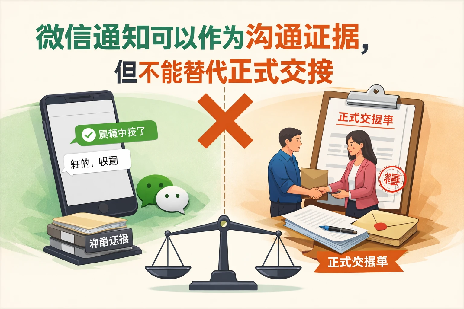 微信通知可以作为沟通证据，但不能替代正式交接