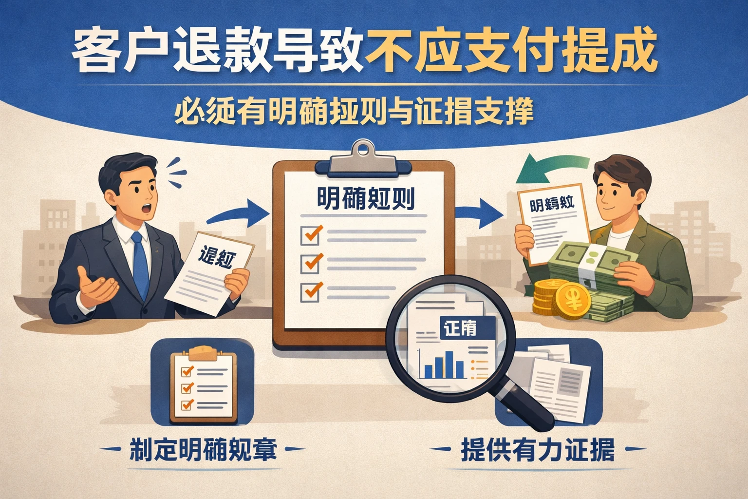 企业主张“客户退款导致不应支付提成”，必须有明确规则与证据支撑