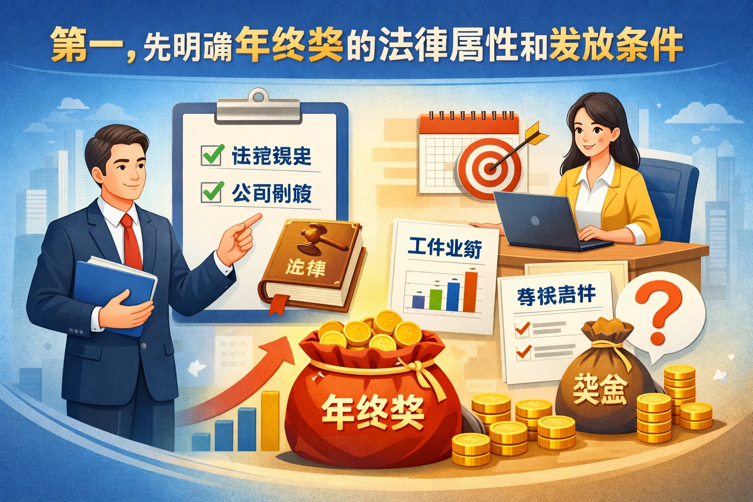 第一，先明确年终奖的法律属性和发放条件