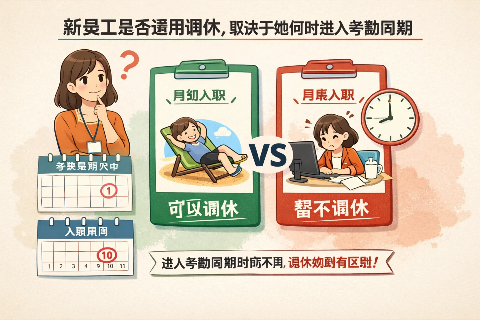 新员工是否适用调休，取决于她何时进入考勤周期