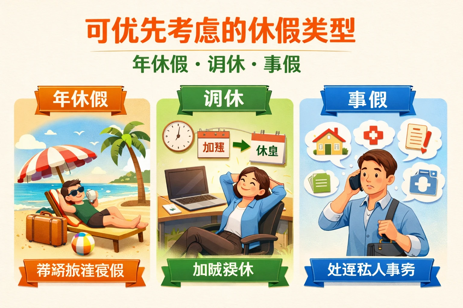 可优先考虑的休假类型：年休假、调休、事假