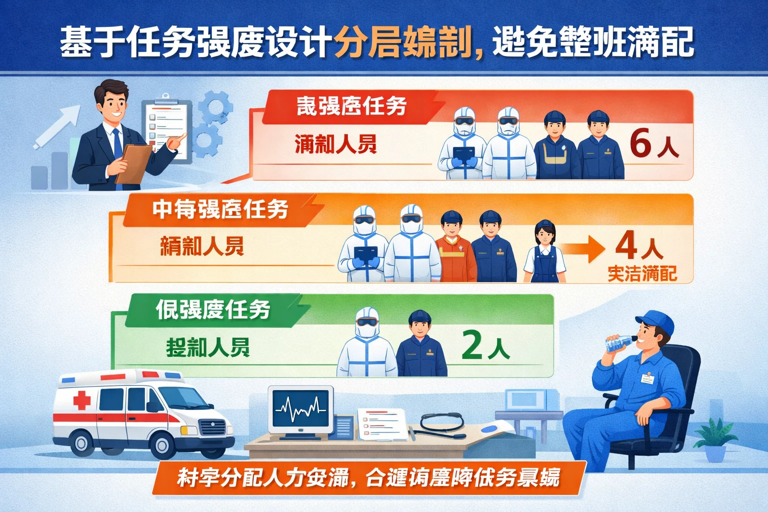 基于任务强度设计分层编制，避免整班满配