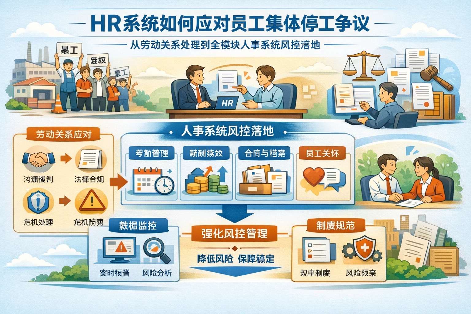 HR系统如何应对员工集体停工争议：从劳动关系处理到全模块人事系统风控落地
